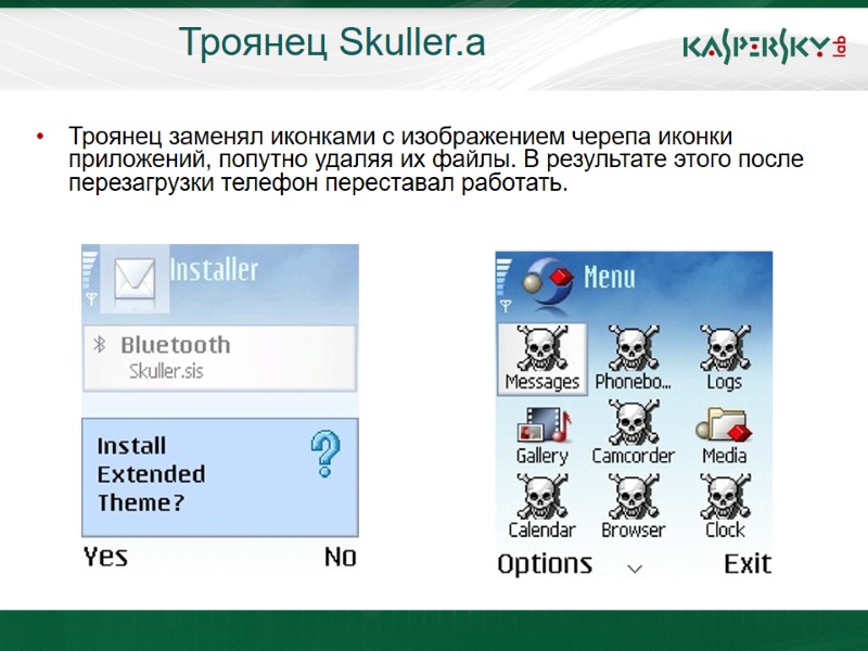 Троянец Skuller.a Троянец заменял иконками с изображением черепа иконки приложений, попутно удаляя их файлы.